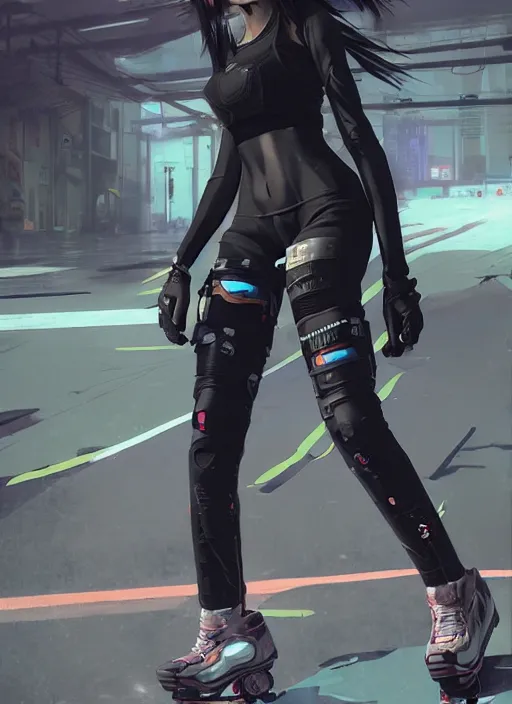 Image similar to hyper - realistic cyberpunk anime woman wearing inline skate, tokyo street, extreme detail, good face, model, concept art, in style of yoji shinkawa, pan ren wei, col price, atey ghailan, by greg rutkowski, aesthetic