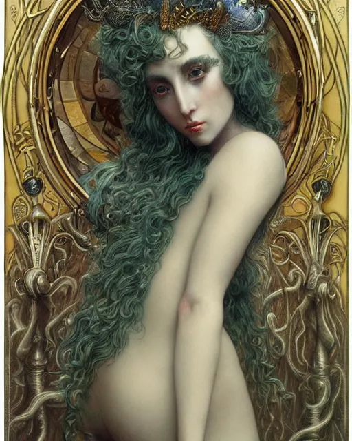 Image similar to in the style of beautiful lady gaga steampunk, detailed and intricate by jean delville, gustave dore and marco mazzoni, art nouveau, symbolist, visionary, gothic, pre - raphaelite