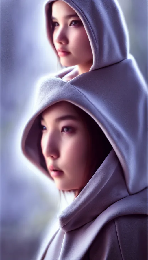 Image similar to photo of a gorgeous young girl hooded in the style of stefan kostic, realistic, sharp focus, 8k high definition, high fashion, vogue, insanely detailed, intricate, elegant, art by stanley lau and artgerm, sigma 85mm art