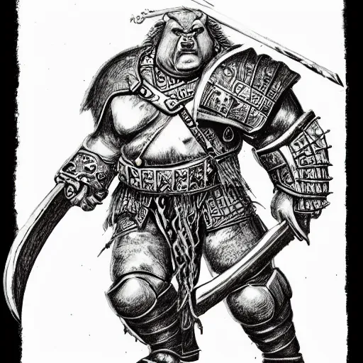 Image similar to ogre warrior wearing plated armor who is holding a battle axe in the style of warhammer fantasy : : head and torso drawing