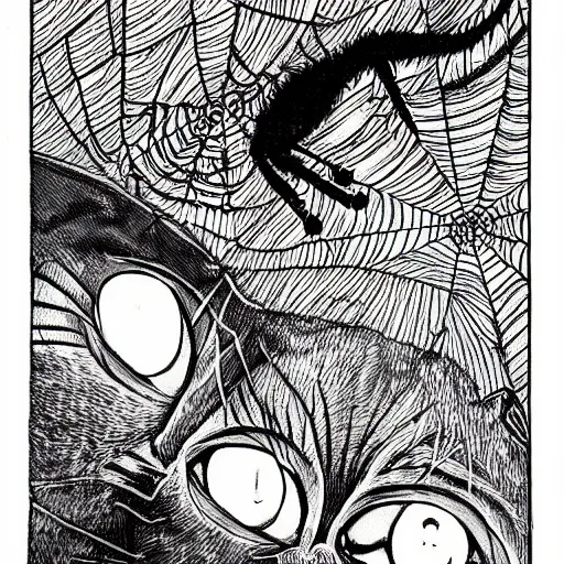 Prompt: a cat with spider legs and a thousand eyes, walking towards camera, highly detailed, by junji ito.