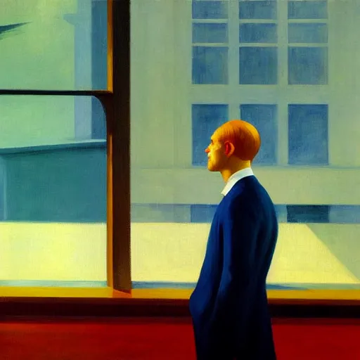 Prompt: painting of a miserable man. by edward hopper and james gilleard