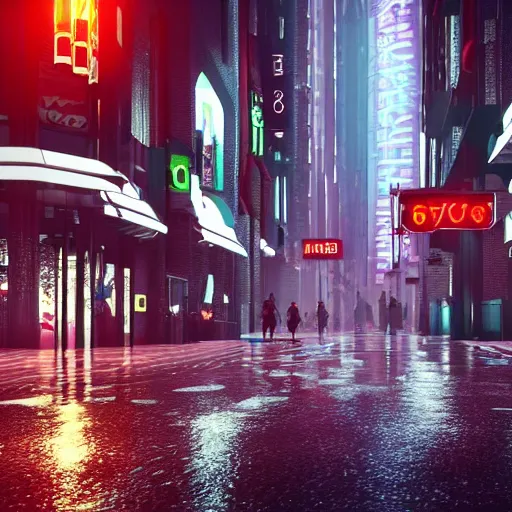 Image similar to 8 k hd detailed octane render of a cyberpunk noir city street in the rain