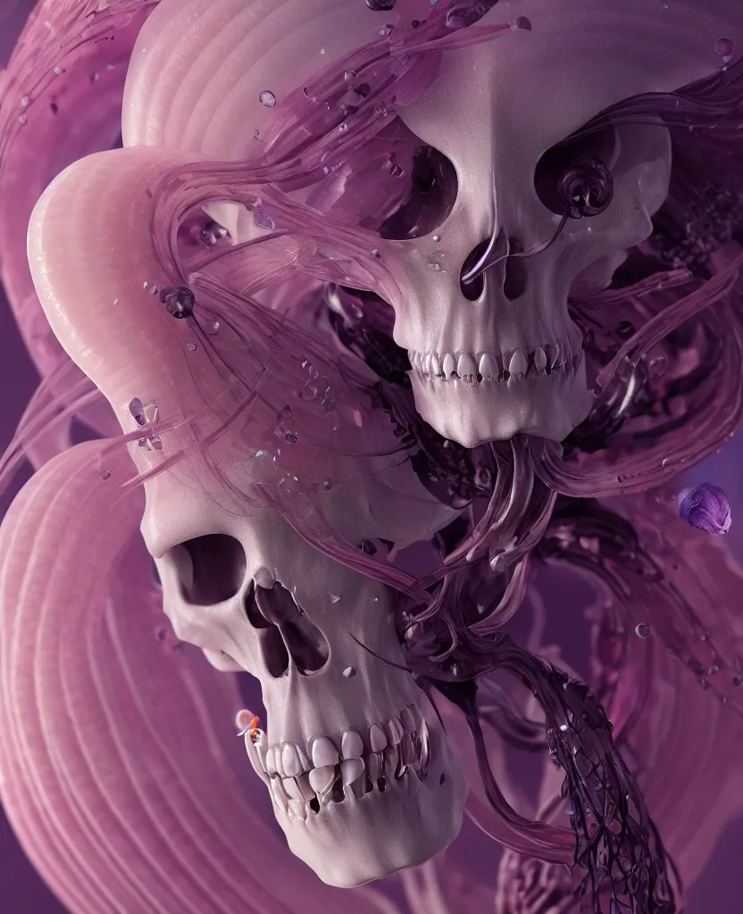 Image similar to goddess close - up portrait human skeleton, ram skull, jellyfish, orchid, betta fish, bioluminiscent, intricate artwork by tooth wu and wlop and beeple. octane render, trending on artstation, greg rutkowski very coherent symmetrical artwork. cinematic, hyper realism, high detail, octane render, 8 k