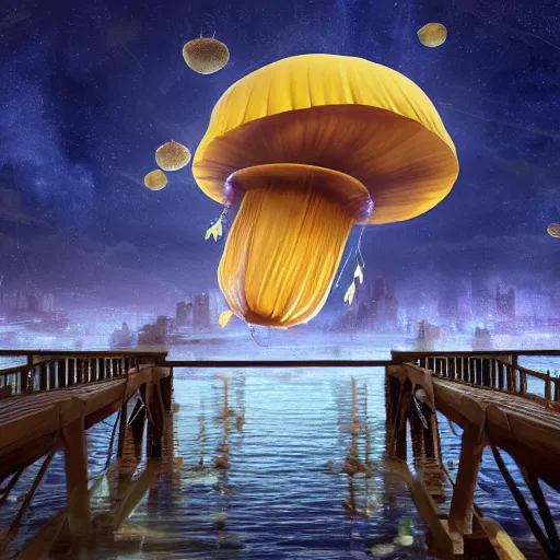 Prompt: floating city hanging from a flying jellyfish in the night sky with lots of wooden bridges. Fantasy, hyper realistic, 4k