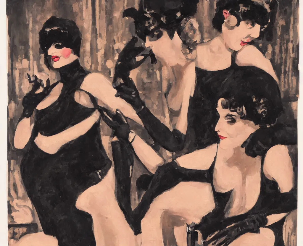 Prompt: realistic oil painting of a 1 9 2 0 s short - haired flapper woman in black satin gloves looking at the camera, during a party with a jazz band performing in the background, at a dimly lit speakeasy bar, jazz age, precise, wide shot, cohesive, stylistic, art deco, cinematic, low - lighting