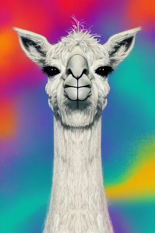 Prompt: vivid 3D animated designscapes with bursts of radiant particles–building an ethereal minimal llama portrait, professional concept art, trending on artstation, geometric