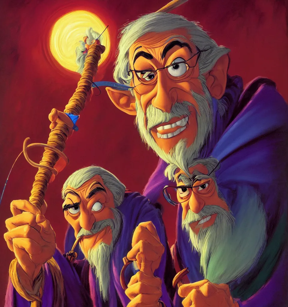 Image similar to colorful portrait of an old wizard with a magic staff, rodel gonzalez, marc davis, milt kahl, jim warren, don bluth, glen keane, jason deamer, rob kaz, character art, concept art,