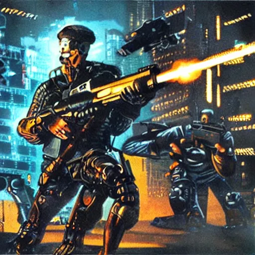 Prompt: gun fight in cybernetic city