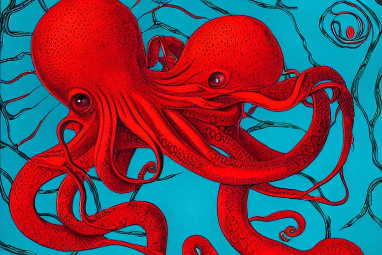 Prompt: digital art of a ominous red octopus in the deep sea alone by alex grey, (arcylic), ((synthwave)),