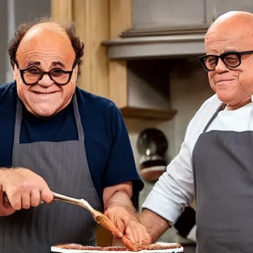 Image similar to danny devito baking a cake on the great british bake off