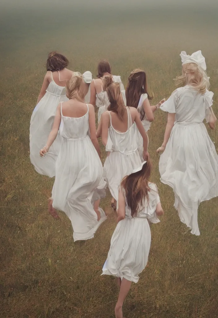 Prompt: 4 girls in vintage white dresses running on the edge of hill, Cinematic focus, atmospheric lighting, Polaroid photo, bleached, vintage, pastel colors, High-key lighting, soft lights, cozy, foggy, by Steve Hanks, by lisa yuskavage, by Serov Valentin, by Krenz Cushart, by Andrei Tarkovsky, 8k render, octane render, fine details, detailed, oil on canvas High angle view, wide shot