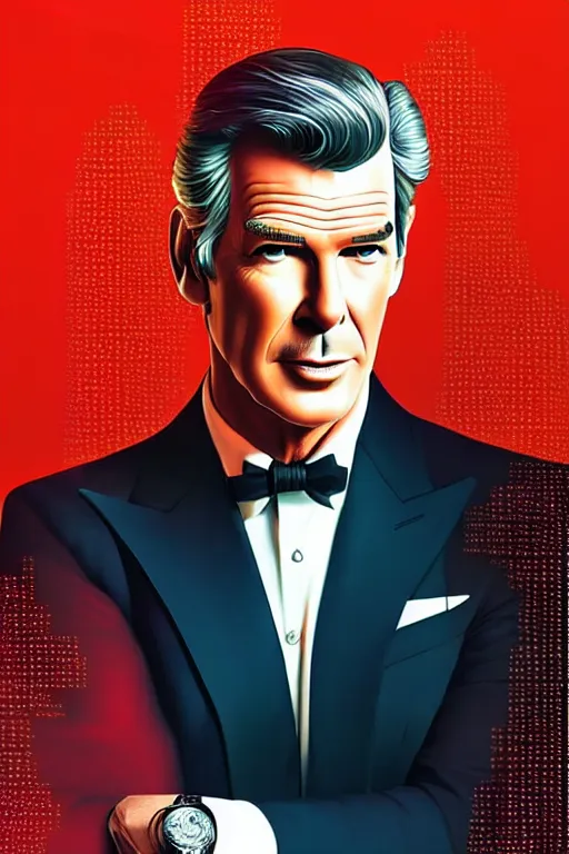 Image similar to Pierce Brosnan as James Bond, art deco background, cinematic bokeh, intricate James Bond background, elegant!, sharp focus, art by Artgerm and beeple and WLOP