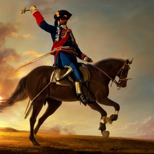 Image similar to gopro footage of napoleon on his horse fighting in waterloo, trending artstation, hyper realistic, very detailed, dramatic scene, realistic lighting, anime, 4 k