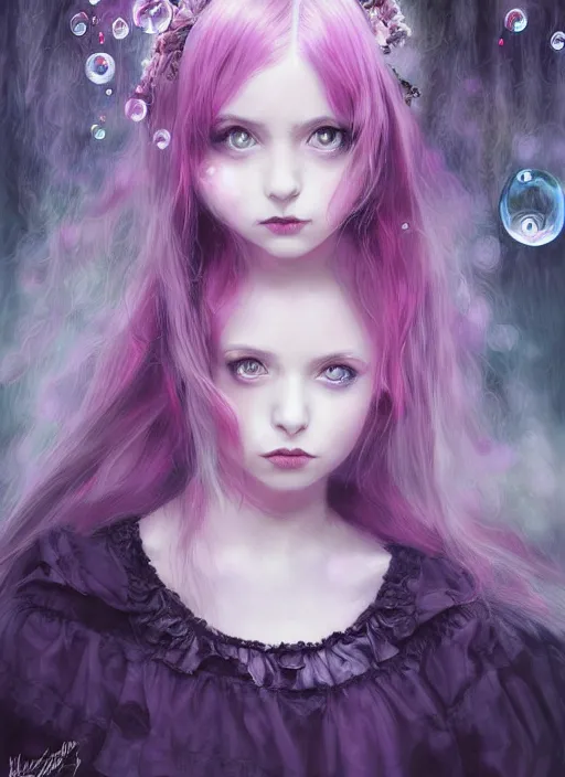 Prompt: beautiful gothic lolita girl portrait, dreamy and ethereal, expressive pose, big eyes, tender expression, exciting, fantasy, intricate, elegant, many rainbow bubbles, pink tones, purple, very detailed, digital painting, artstation, concept art, cyberpunk wearing, soft, sharp focus, illustration, art by artgerm and greg rutkowskiand alphonse much