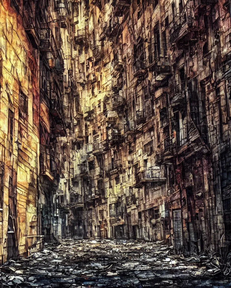 Image similar to abandoned streets of Barcelona, post-apocalyptic painting, cosmic horror