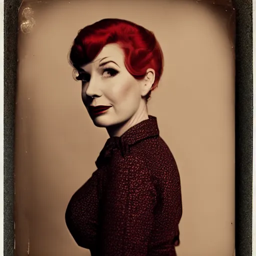 Prompt: photography of joan holloway from mad men, tintype, deregoue