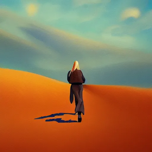 Prompt: closeup of rachel evan wood, a girl walking between dunes, surreal photography, sunrise, blue sky, dramatic light, impressionist painting, digital painting, artstation, simon stalenhag