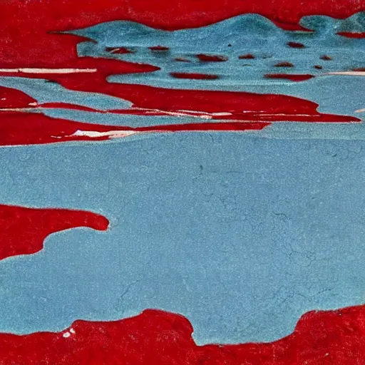 Image similar to horrific painting of an ice floe meeting magma!!!!!! in the middle, in the style of vintage photography, textured, skewed perspective, last photo ever taken, apocalyptic event, red color palette on left side and blue color palette on right side, cursed and sinister tone