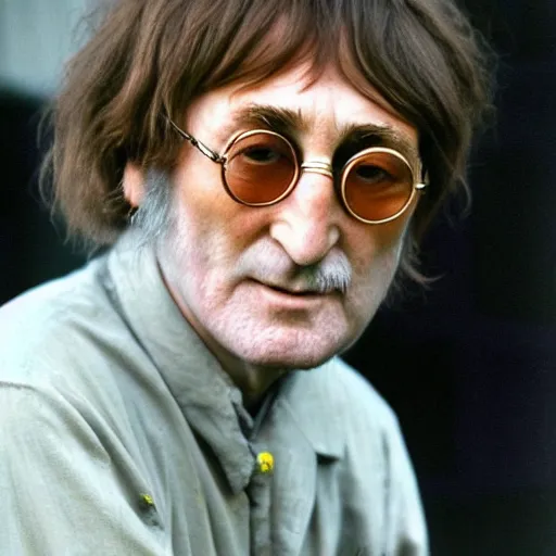 Image similar to A colored colorized photograph of old John Lennon as an old man in his eighties with short hair in the 2010s, John Lennon, taken in the late 2010s, taken on a 2010s Camera, realistic, hyperrealistic, very realistic, highly detailed, very detailed, extremely detailed, detailed, digital art, trending on artstation, headshot and bodyshot, detailed face, very detailed face, very detailed face, real, real world