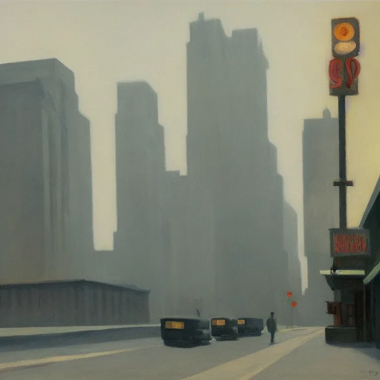 Image similar to city fog, early morning, painted by Edward Hopper, painted by Wayne Barlow, airbrush