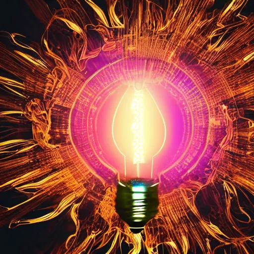 Prompt: lightbulb exploding into the universe, artist impression, 4k HD render, slow motion, psychedelic, intricate detail