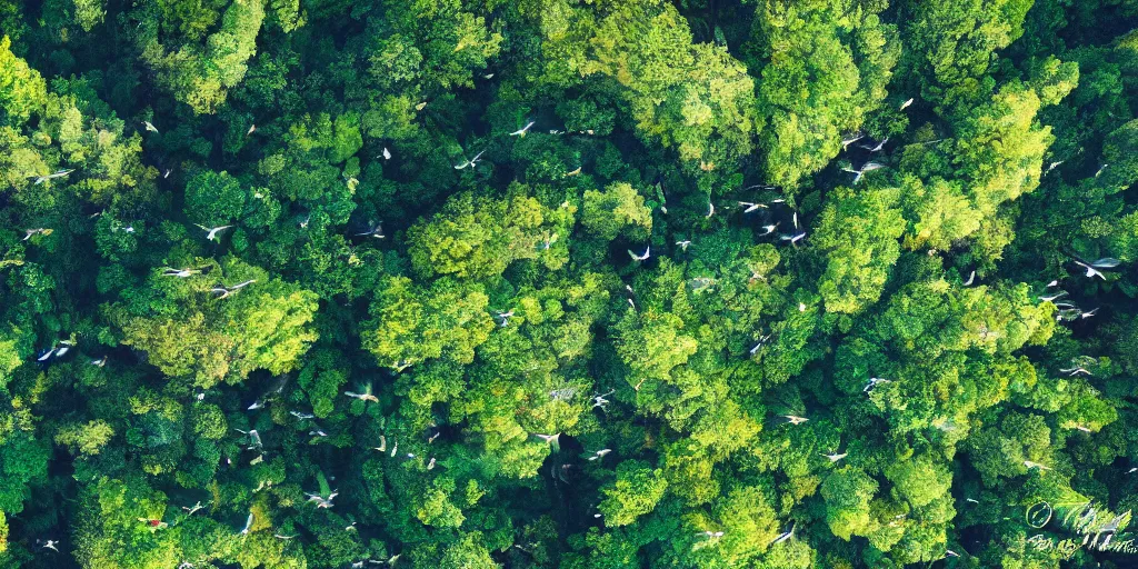 Prompt: horizontal view of sunlit rainforest treetops with flying birds, photograph, 4 k