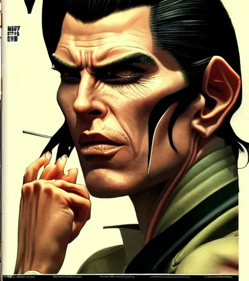 Image similar to a cyberpunk very ugly mafia boss in a suit with slicked back black hair played by christen bale as an elf, 1 9 7 9 omni magazine cover, style by vincent di fate, artgerm, very coherent, detailed, 4 k resolution, dark, unreal engine, daz