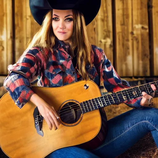 Image similar to a female fox animal, wearing cowboy hat, wearing plaid shirt, playing guitar, inside a barn, album cover style