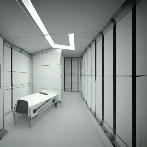 Image similar to futuristic torture room, white, scary, horror,