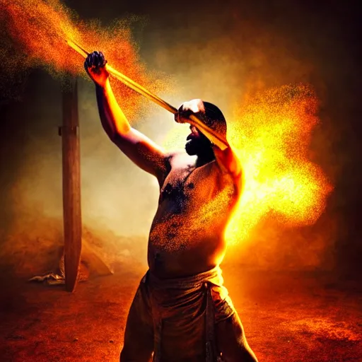 Image similar to a very strong blacksmith swinging his hammer he is made of psychedelic dust clouds dancing in the wind, hyper realistic, roaring fire, midday, realistic lighting, psychedelic dust, psychedelic dust, psychedelic dust, Very strong Blacksmith, photo realistic, 4k