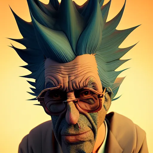 Prompt: apocalyptic rick sanchez portrait with twisted ribbed face by rutkowsky and charles vess and james jean and erik jones and rhads, baroque, 3 d octane render, beautiful fine face features, intricate high details, sharp, ultradetailed