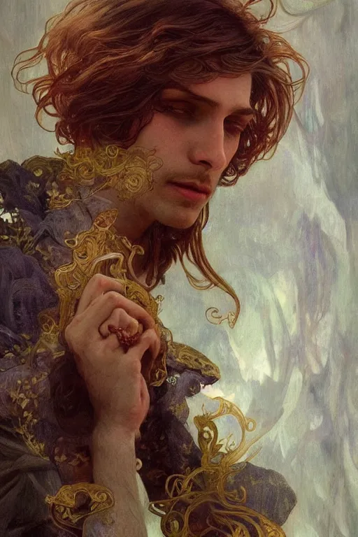 Image similar to young male magician, golden hair, 1920, fantasy, intricate, highly detailed, digital painting, artstation, concept art, smooth, sharp focus, art by Artem Demura and Alphonse Mucha, ArtGerm, Valentina Remenar, Gaston Bussiere, Cedric Peyravernay