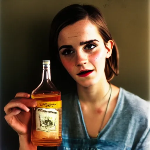 Image similar to portrait close up, emma watson skinny malnourished redneck, smiling, jug of whiskey, 2 6 mm, kodak gold 2 0 0,