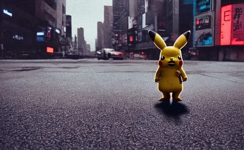 Image similar to cinestill 5 0 d candid photographic portrait by helen levitt of pikachu wearing black rugged techwear on a desolate plain, extreme closeup, modern cyberpunk moody emotional cinematic, dust storm, 8 k, hd, high resolution, 3 5 mm, f / 3 2, ultra realistic faces, detective pikachu ( 2 0 1 9 )