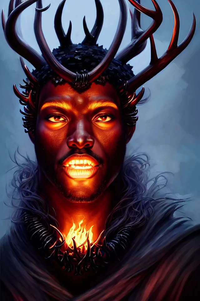 Image similar to a striking portrait of an eldritch black god king with black antlers and a burning horned crown on his head by moebius and ross tran and artgerm, trending on artstation, digital art, 4 k resolution, detailed, high quality, sharp focus, hq artwork, insane detail, volumetric lighting, character concept art, fine details, clear face