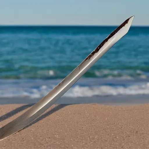 Prompt: a sword in the sand at an empty beach