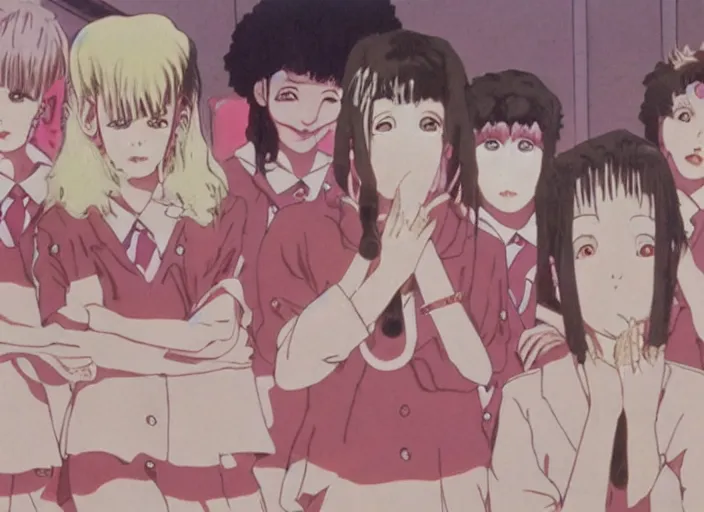 Image similar to screenshot from guro anime, 8 0's horror anime, yellowed grainy vhs footage with noise, four schoolgirls trapped in a bathroom, bathroom stalls and sinks and tiled floor, sad scared girls are in beige sailor school uniforms, one girl has white hair, detailed expressive faces, various hair colors and styles, in the style of ghibli,