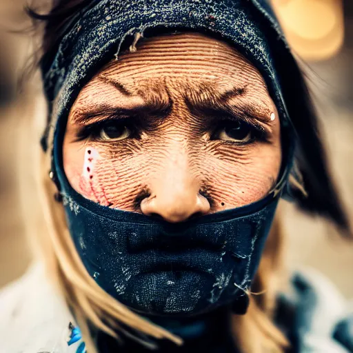 Image similar to photographic portrait of a distressed streetwear woman holding back tears, a futuristic shanty town burns in the background, closeup, sigma 85mm f/1.4, 4k, depth of field, high resolution, 4k, 8k, hd, full color