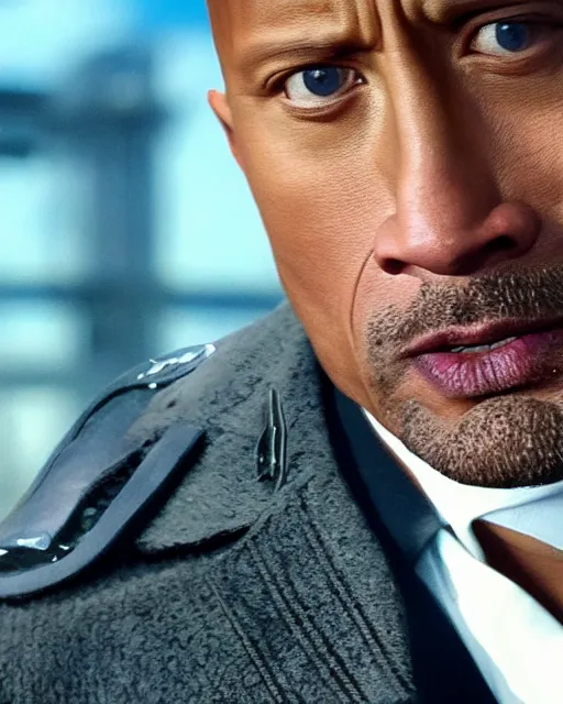 Image similar to film still close up shot of dwayne johnson as inspector clousea. photographic, photography