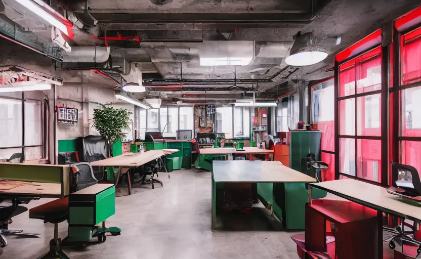 Image similar to maximalist interior of an office, pine wood, cyberpunk, japanese neon signs, retro futuristic, old brick walls, multiple desks, cupboards, rough wood, grey, anthracite, red, akihabara style, swedish style, green plants, window with a view of apartment blocks, 8K