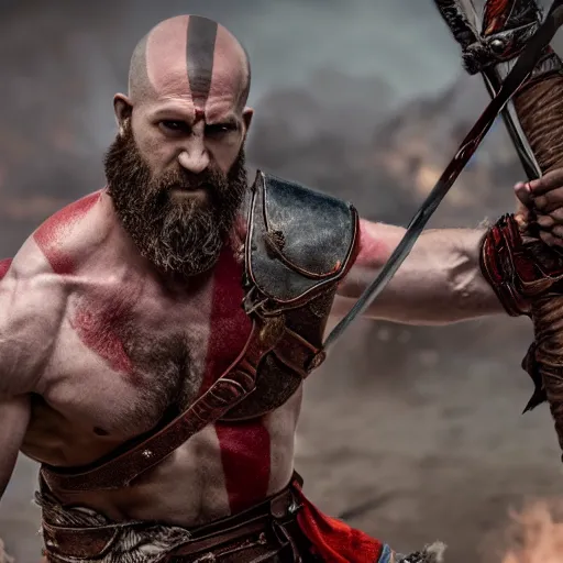 Image similar to ryan reynolds as kratos from god of war, holding a javelin, aggressive face, epic, cinematic shot, ultra realstic, 8 k