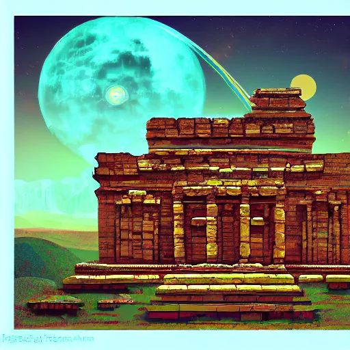 Prompt: ancient peruvian structure, retrowave epic art, trending on art station