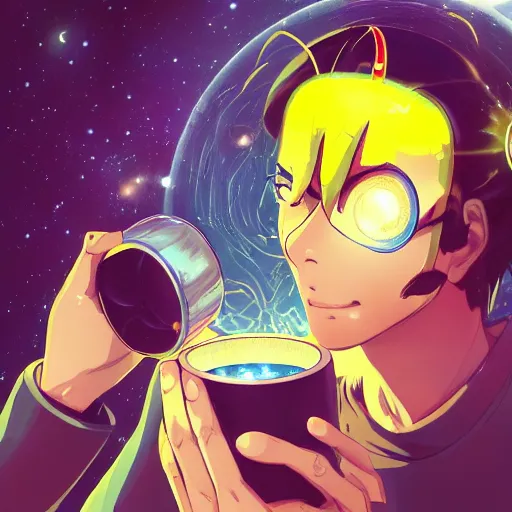 Image similar to A man drinking a cup of cosmic energy bright light, illustration, anime style, Artgerm, 4k, digital art, surreal, anime style, space dandy style, highly detailed, godsend, artstation, digital painting, concept art, smooth, sharp focus,