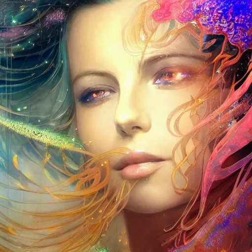 Image similar to ultra detailed illustration of Kate Beckinsale as a anime girl covered in a sea of iridescent liquid, chrome metal material, lost in a dreamy oriental realm by Karol Bak, Ruan Jia, Moebius, hiroshi yoshida, Druillet, colorful, front view, vivid colors, 8k, coherent, anime vibes, uplifting, magical composition, artstation, synthwave, 8k, coherent, artgerm, uplifting, unreal engine, magical composition, artstation,