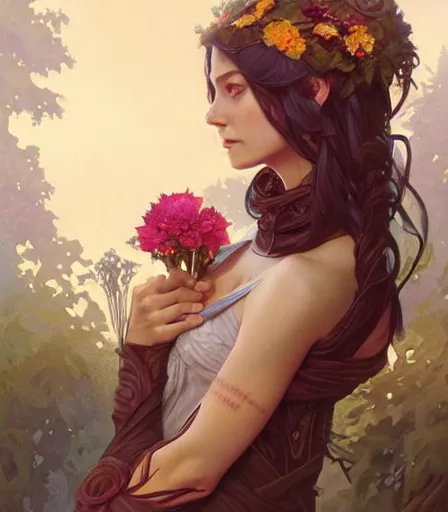 Image similar to Attractive Tiefling Druid,full body, holding flowers, dungeons and dragons portrait, highly detailed, digital painting, artstation, concept art, sharp focus, illustration, art by artgerm and greg rutkowski and alphonse mucha