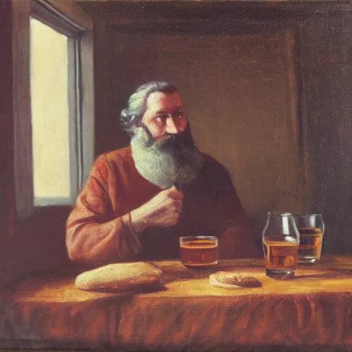 Prompt: oil painting of a man with a beard sitting a table in an old wooden house drinking whisky, bread visible on the table, detailes