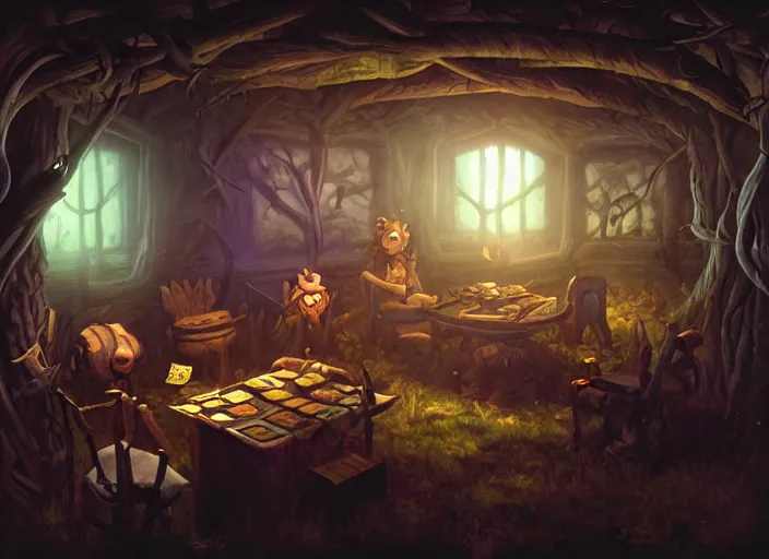 Prompt: dark cabin interior. a leshy forces you to play a card game. low lighting, dark painting by dan volbert and mandy jurgens and deiv calviz and lim chuan shin