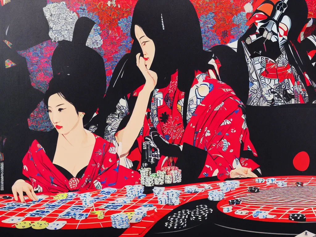 Image similar to hyperrealism composition of the detailed woman in a japanese kimono sitting at an extremely detailed poker table with darth vader, fireworks on the background, pop - art style, jacky tsai style, andy warhol style, acrylic on canvas