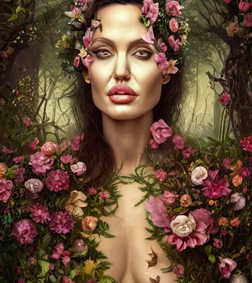 Image similar to portrait of the angelina jolie of the underworld, surrounded by flowers by karol bak, james jean, tom bagshaw, rococo, trending on artstation, cinematic lighting, hyper realism, octane render, 8 k, hyper detailed.